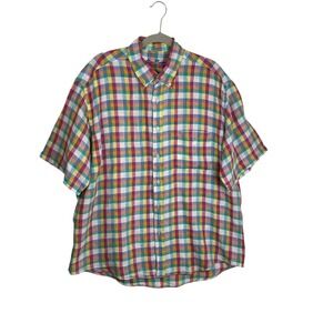 Alan Flusser Mens Rainbow Plaid Linen Blend Short Sleeve Button Down Shirt XL
